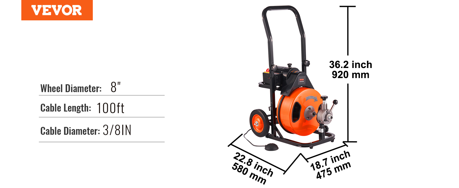 VEVOR drain cleaning machine with 8" wheel diameter, 100ft cable length, and 3/8in cable diameter.