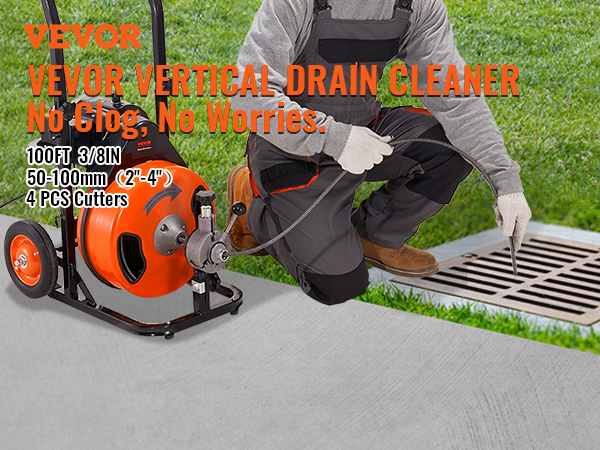 VEVOR drain cleaning machine with 100ft cable, ideal for unclogging outdoor drains, includes 4 cutters.