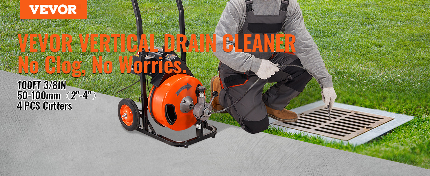 VEVOR drain cleaning machine with 100ft cable, ideal for unclogging outdoor drains, includes 4 cutters.