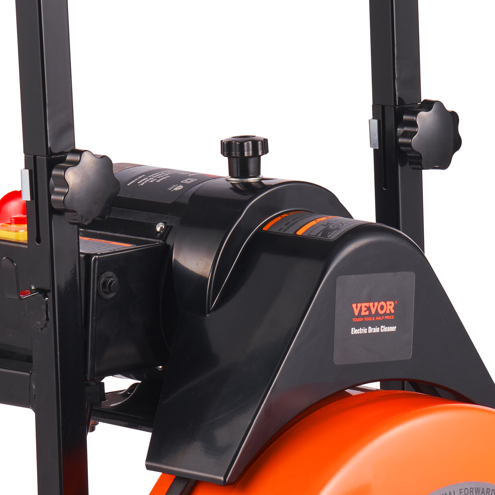 VEVOR drain cleaning machine with black and orange components, featuring control knobs.