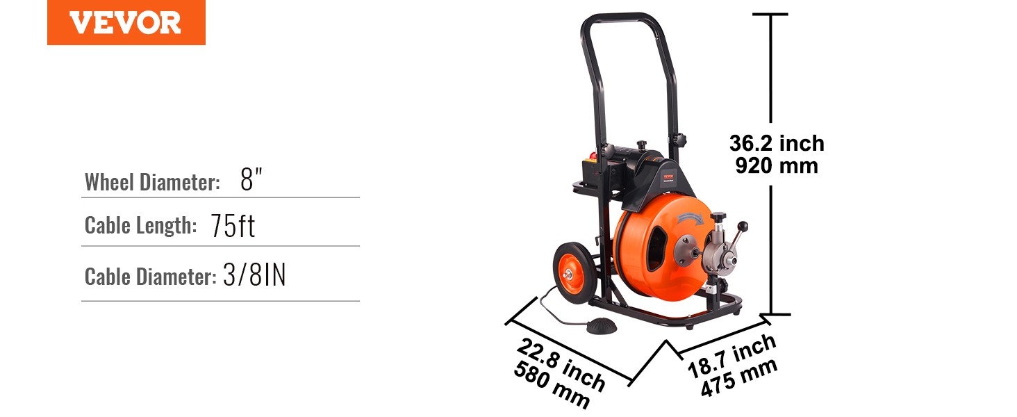 VEVOR drain cleaning machine with 75ft cable, 8" wheels, and dimensions of 36.2" x 22.8" x 18.7".