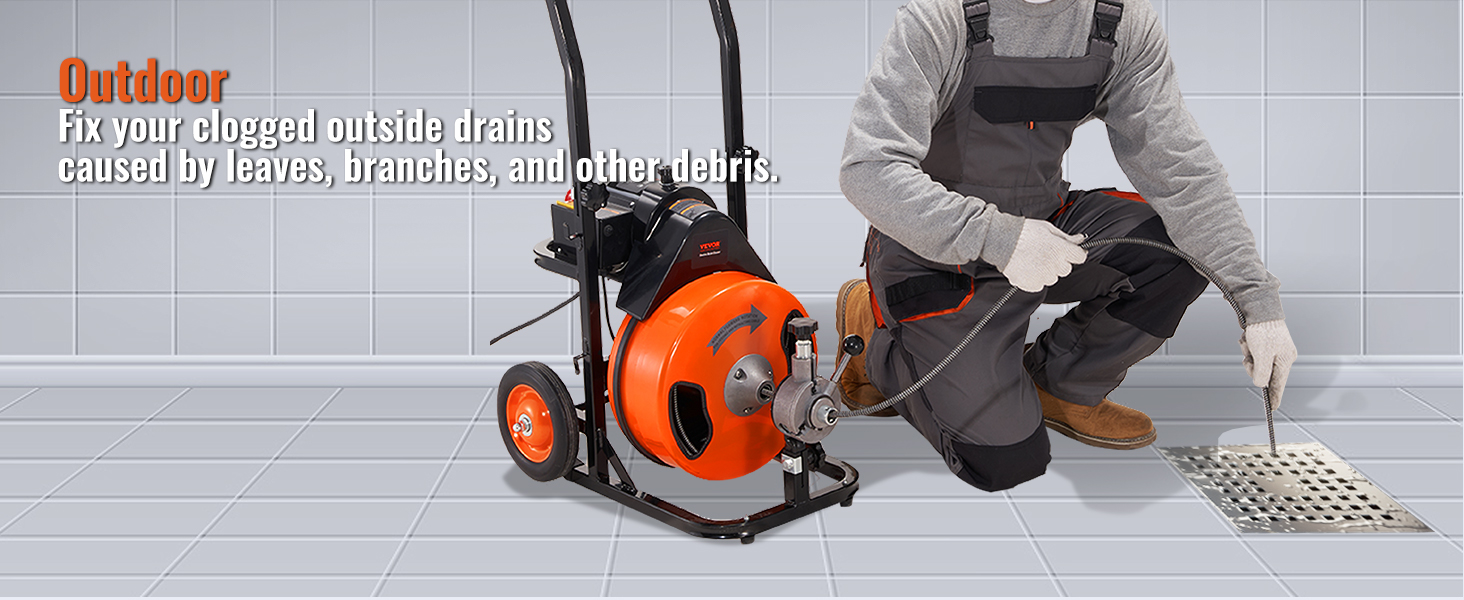 person using VEVOR drain cleaning machine to clear blocked outdoor drain on tiled floor.