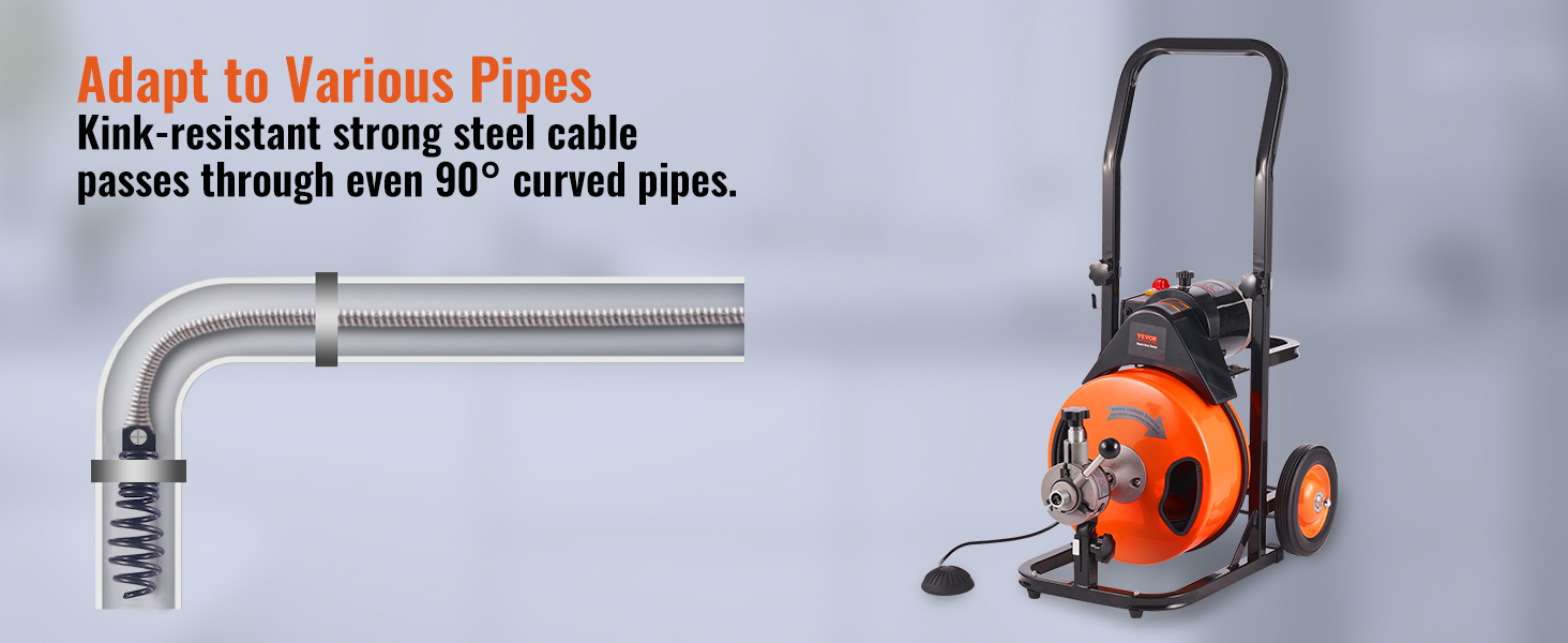 VEVOR drain cleaning machine with steel cable navigating 90-degree pipe curves, showcasing adaptability.