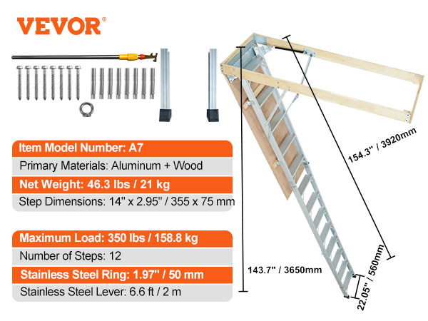 parts and measurements of VEVOR attic ladder a7, aluminum and wood, max load 350 lbs, 12 steps.