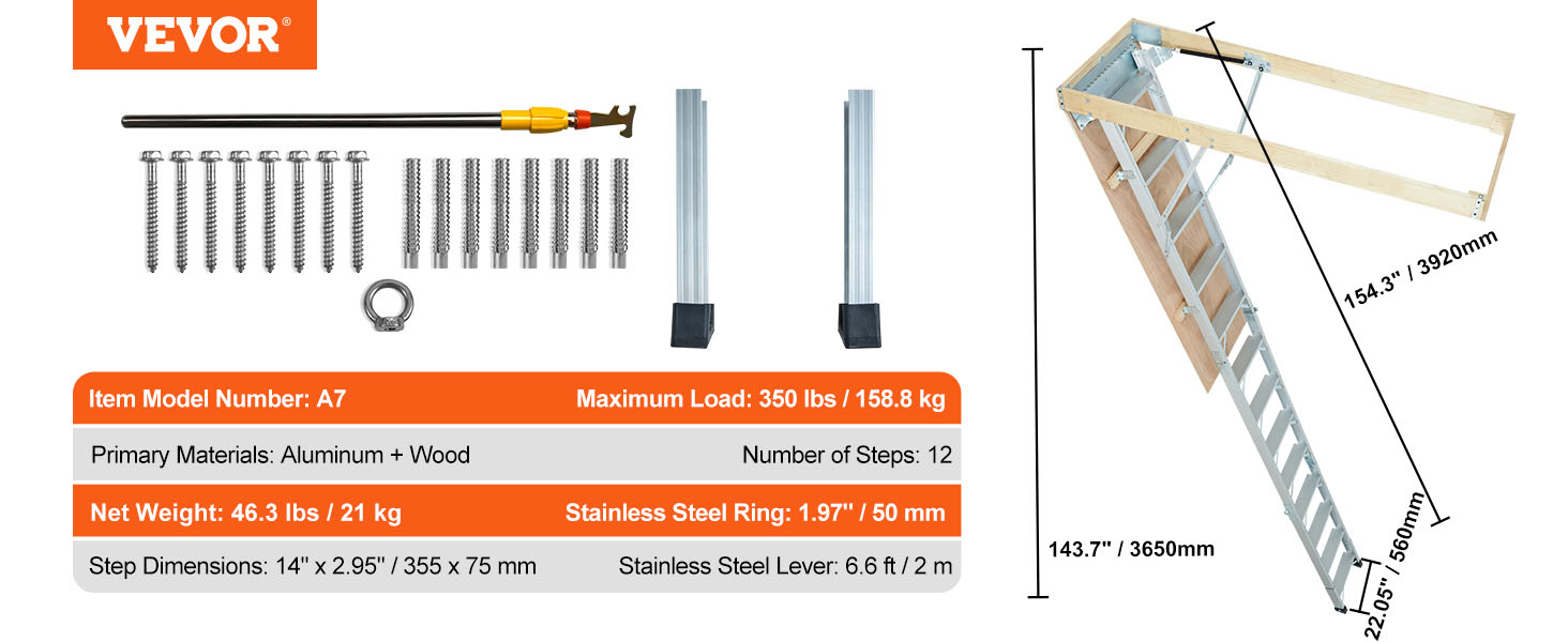 parts and measurements of VEVOR attic ladder a7, aluminum and wood, max load 350 lbs, 12 steps.