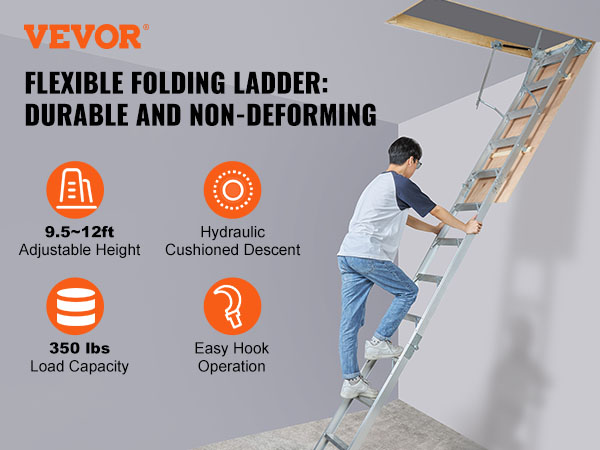 VEVOR attic ladder with adjustable height, cushioned descent, 350 lbs load capacity, easy hook operation.
