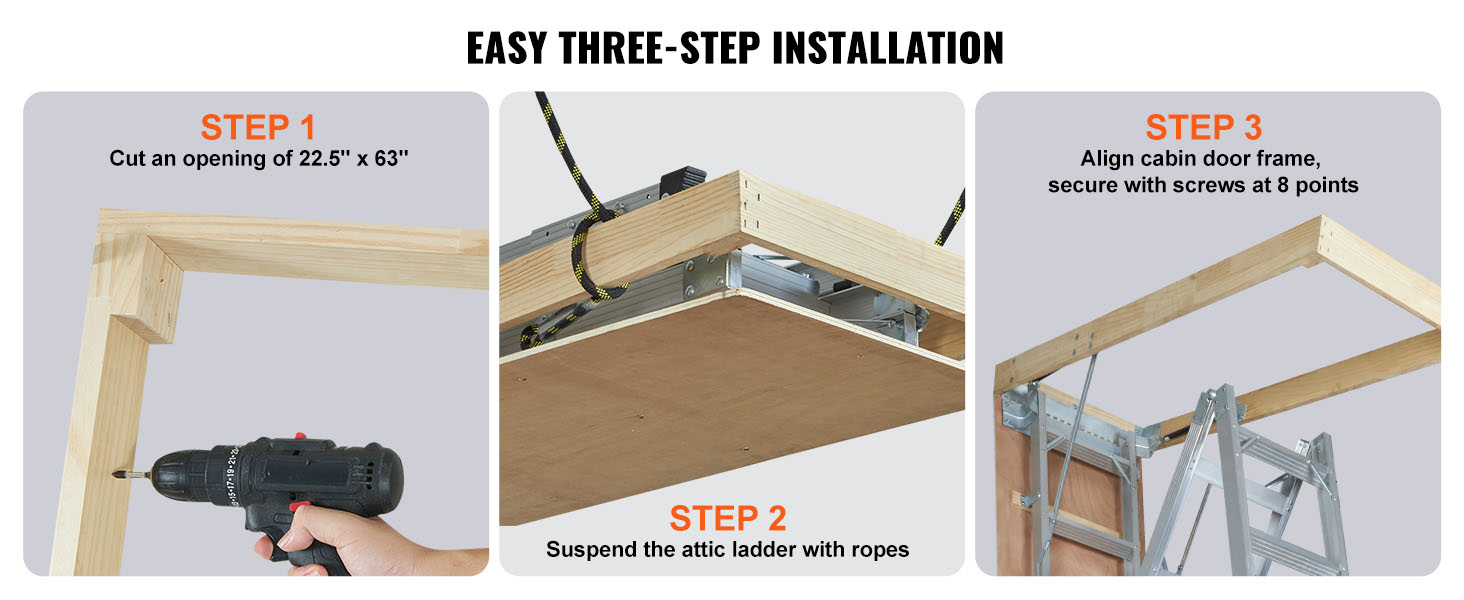 easy three-step installation for the VEVOR attic ladder, including cutting opening, suspending ladder, and securing frame.