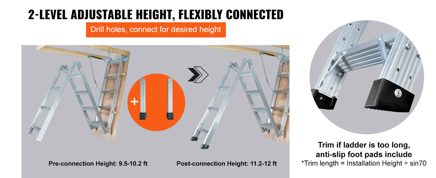 2-level adjustable height VEVOR attic ladder, pre-connecting height of 9.5-10.2 ft, post-connecting height of 11.2-12 ft.