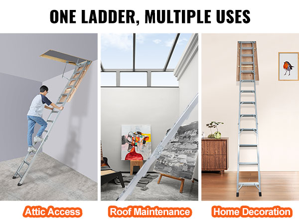 VEVOR attic ladder used for attic access, roof maintenance, and home decoration as shown in three scenes.