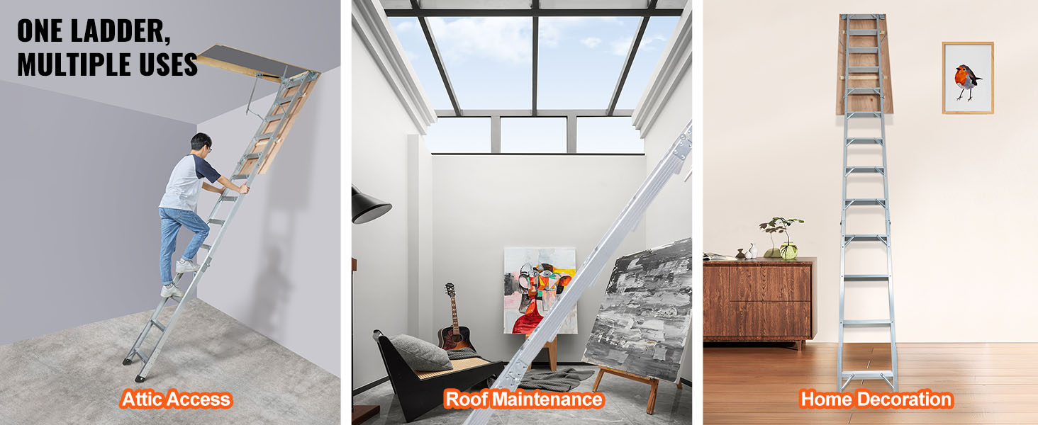 VEVOR attic ladder used for attic access, roof maintenance, and home decoration as shown in three scenes.