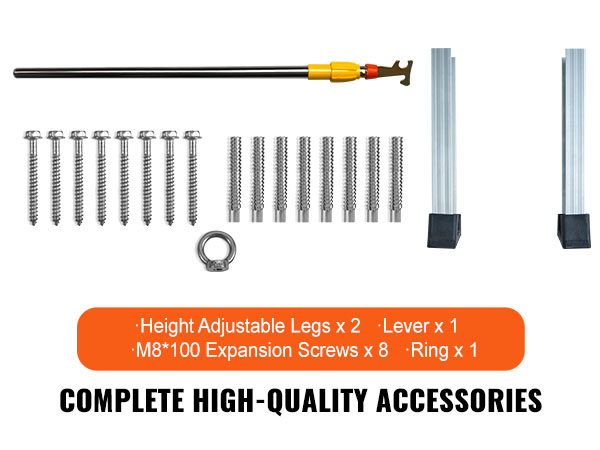 VEVOR attic ladder accessories include legs, lever, screws, and ring, all high-quality components.