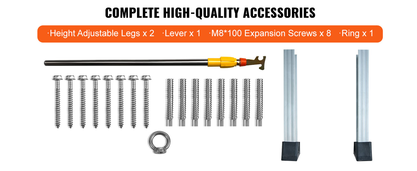 VEVOR attic ladder accessories include legs, lever, screws, and ring, all high-quality components.