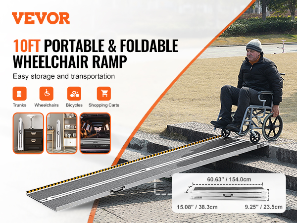 VEVOR portable wheelchair ramp folded next to stairs for easy storage, suitable for trunks and bicycles.