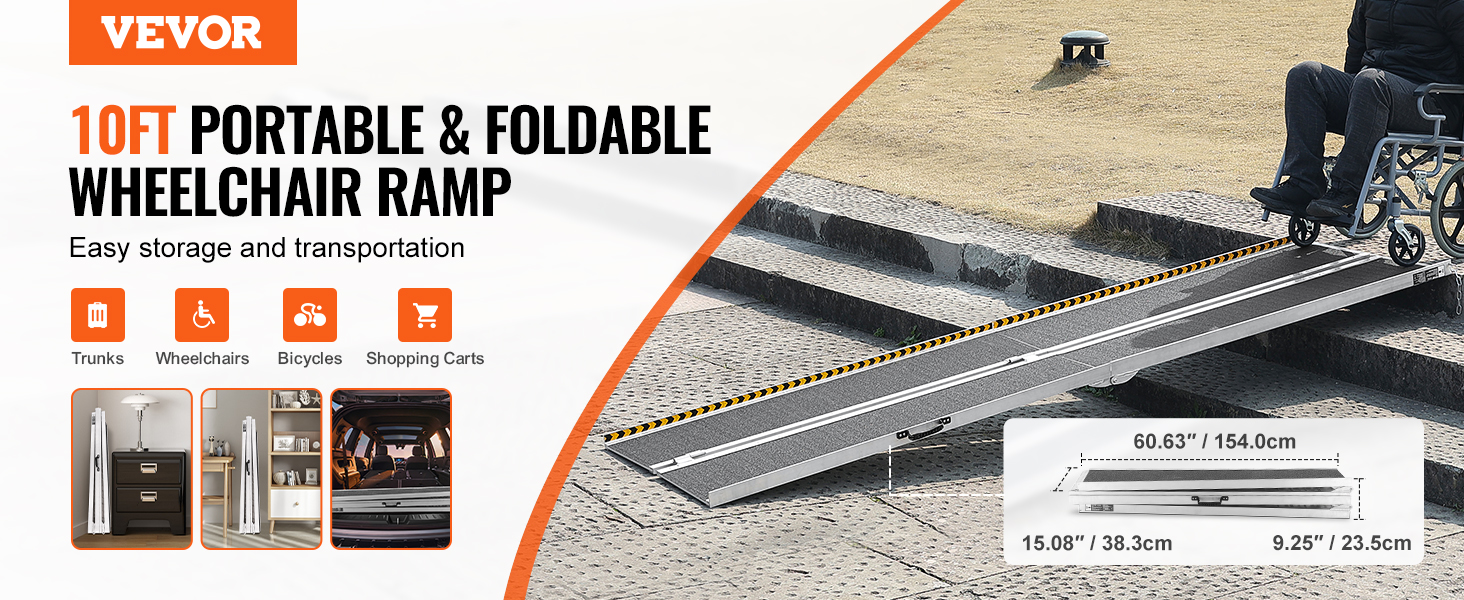 VEVOR portable wheelchair ramp folded next to stairs for easy storage, suitable for trunks and bicycles.