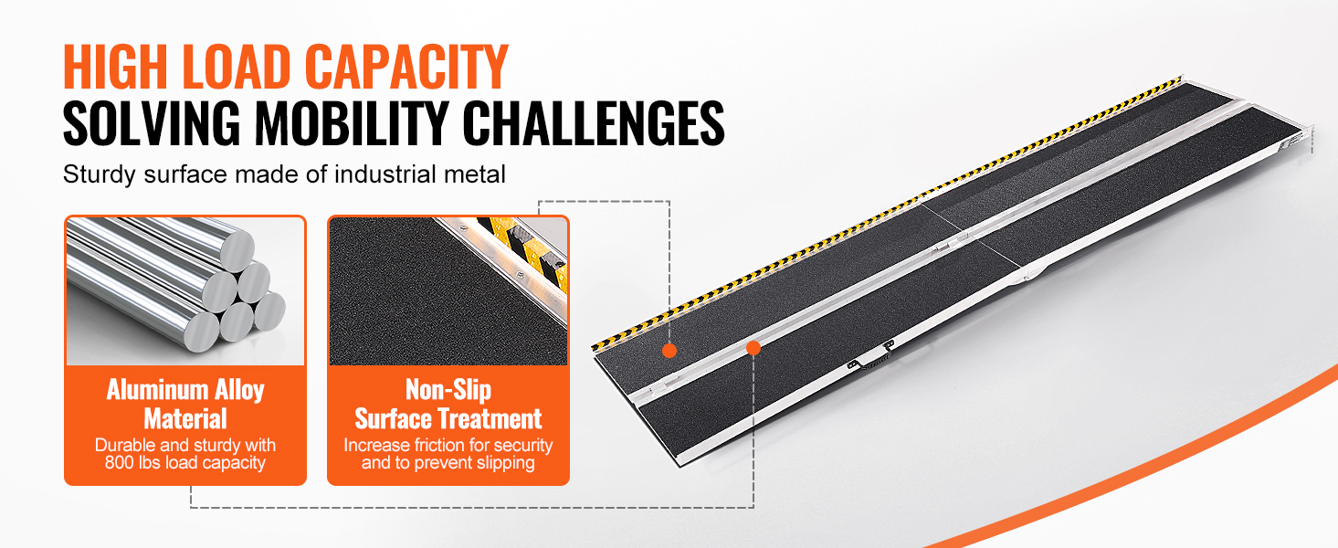 VEVOR portable wheelchair ramp with aluminum alloy material and non-slip surface treatment for 800 lbs load capacity.