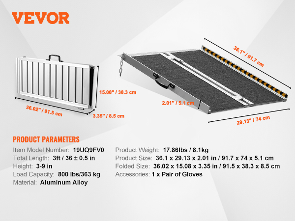 VEVOR portable wheelchair ramp with dimensions, load capacity, weight, and material details.