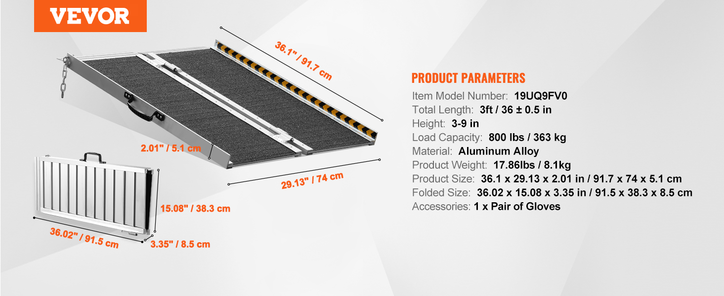 VEVOR portable wheelchair ramp with dimensions, load capacity, weight, and material details.