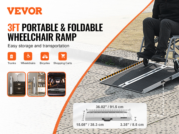 VEVOR portable wheelchair ramp, 3ft foldable design, perfect for trunks, wheelchairs, bicycles, carts.