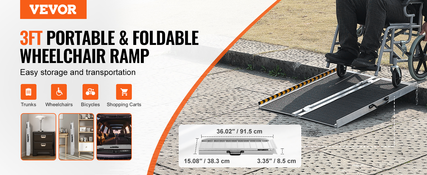 VEVOR portable wheelchair ramp, 3ft foldable design, perfect for trunks, wheelchairs, bicycles, carts.