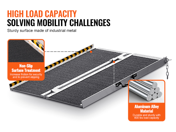 VEVOR portable wheelchair ramp with non-slip surface, aluminum alloy material, and high load capacity.