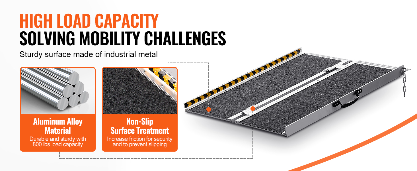VEVOR portable wheelchair ramp with non-slip surface, aluminum alloy material, and high load capacity.