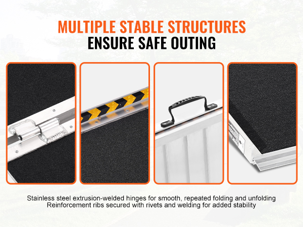 stainless steel hinges, ribbed reinforcements, handle, and textured surface of VEVOR portable wheelchair ramp.