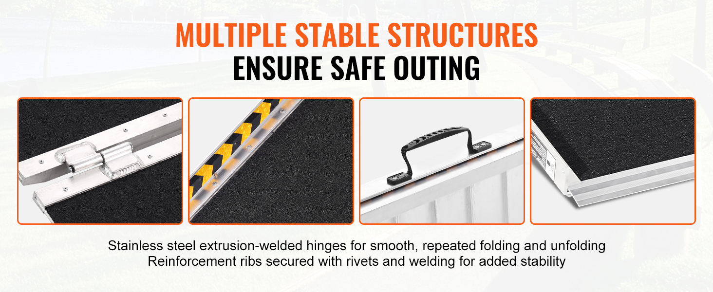 stainless steel hinges, ribbed reinforcements, handle, and textured surface of VEVOR portable wheelchair ramp.