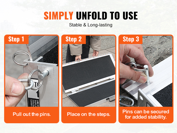steps to use VEVOR portable wheelchair ramp: pull out the pins, place on steps, secure for stability.