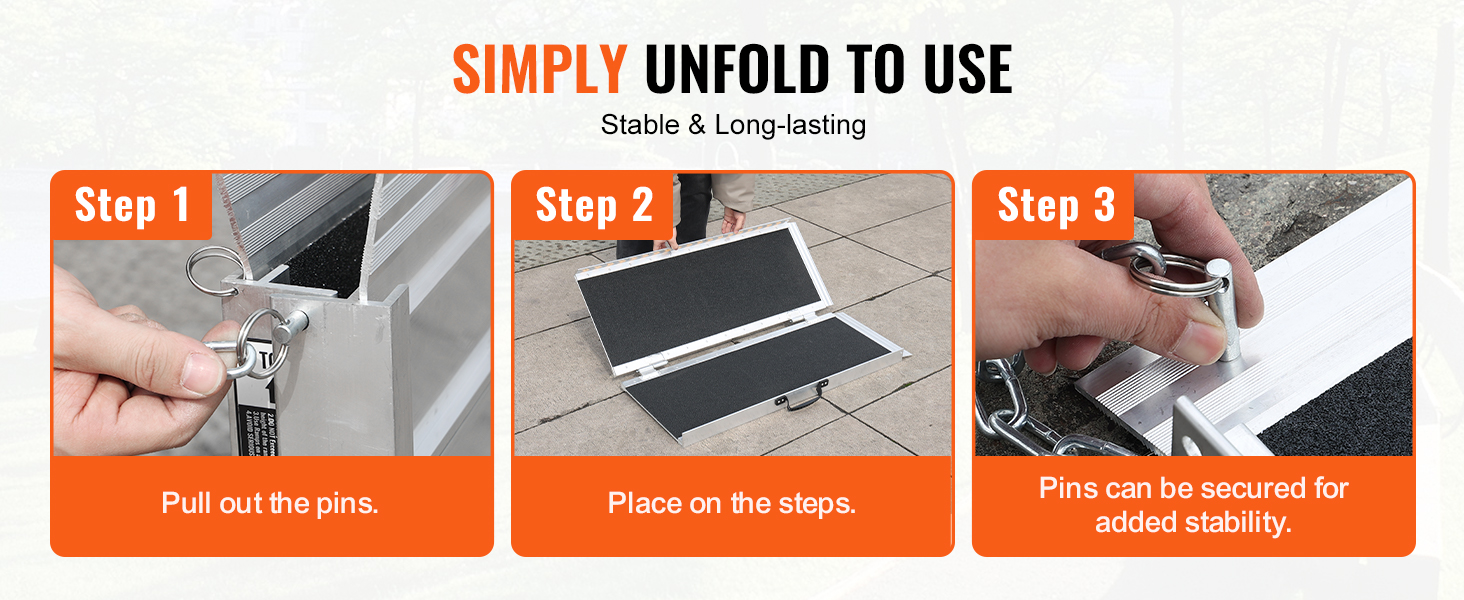 steps to use VEVOR portable wheelchair ramp: pull out the pins, place on steps, secure for stability.