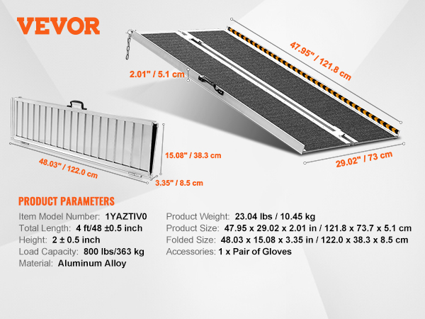 VEVOR wheelchair ramp dimensions, load capacity, material, and product weight specifications are displayed.