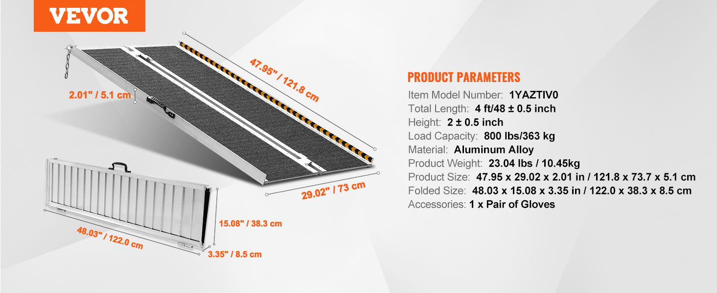 VEVOR wheelchair ramp dimensions, load capacity, material, and product weight specifications are displayed.