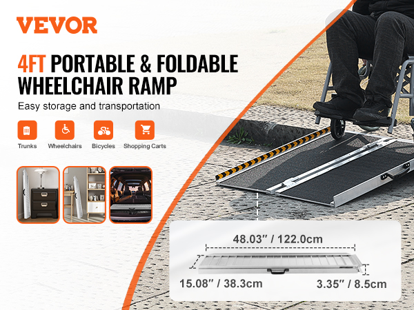 VEVOR 4ft foldable wheelchair ramp for easy transportation of wheelchairs, bicycles, and shopping carts.
