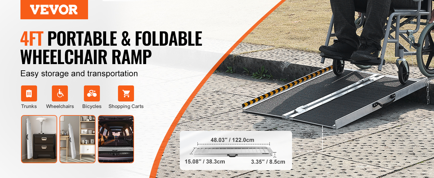 VEVOR 4ft foldable wheelchair ramp for easy transportation of wheelchairs, bicycles, and shopping carts.