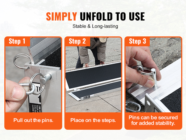 steps to set up VEVOR wheelchair ramp: pull out pins, place on steps, secure pins for stability.