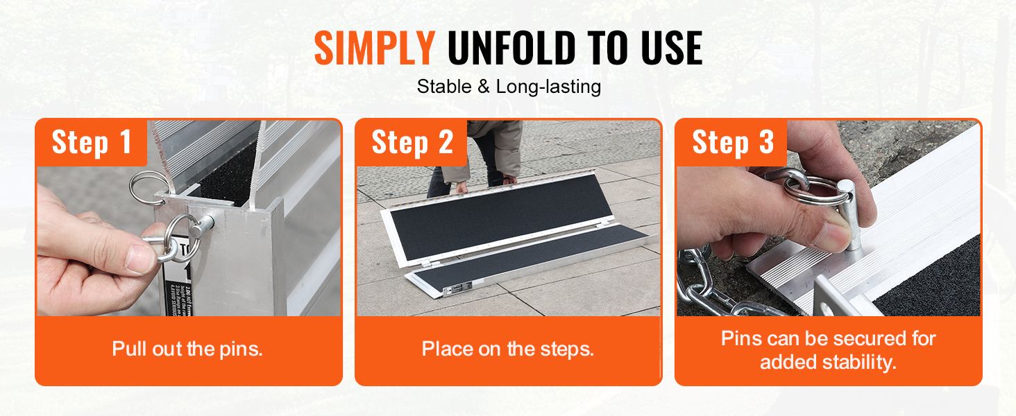 steps to set up VEVOR wheelchair ramp: pull out pins, place on steps, secure pins for stability.