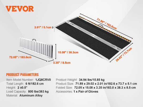 VEVOR portable wheelchair ramp specifications with dimensions and load capacity.