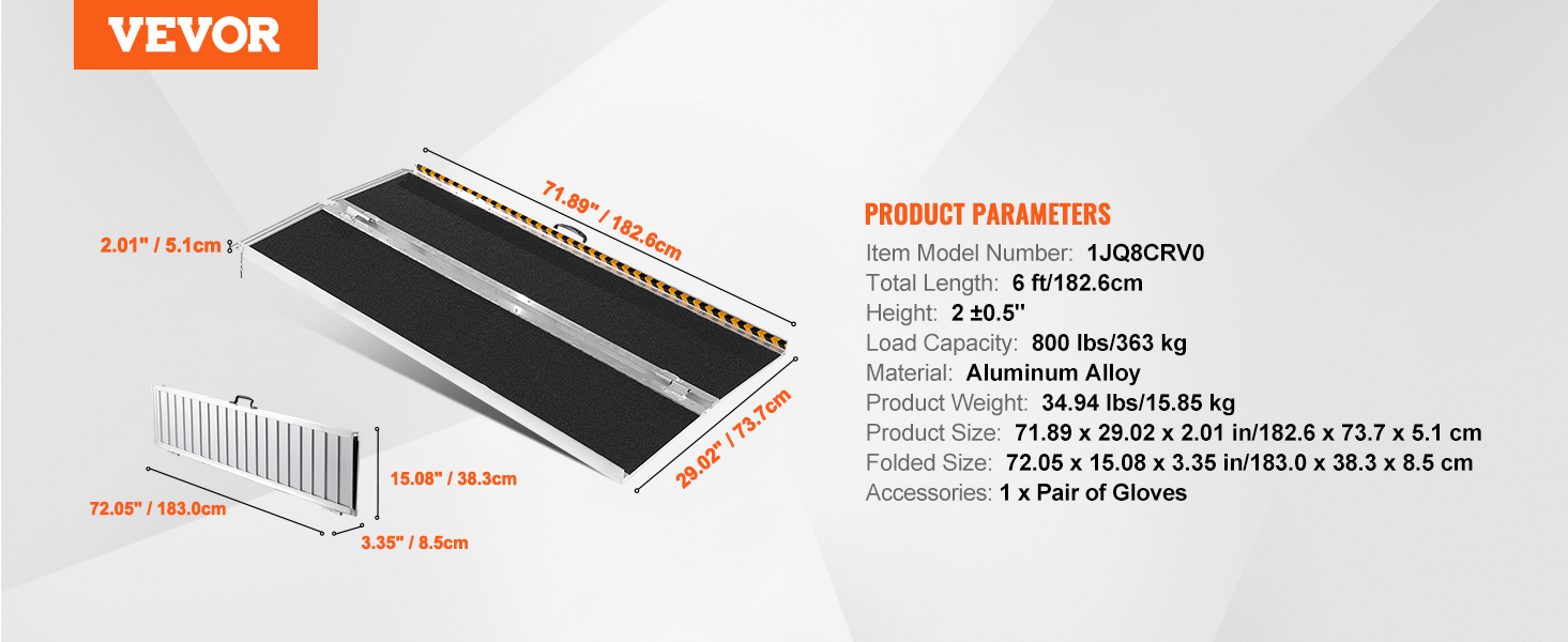 VEVOR portable wheelchair ramp specifications with dimensions and load capacity.