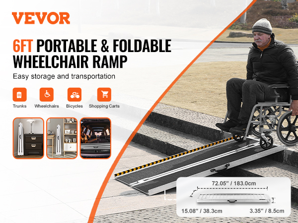VEVOR portable wheelchair ramp folded for easy storage and setup, supporting various transport tools.
