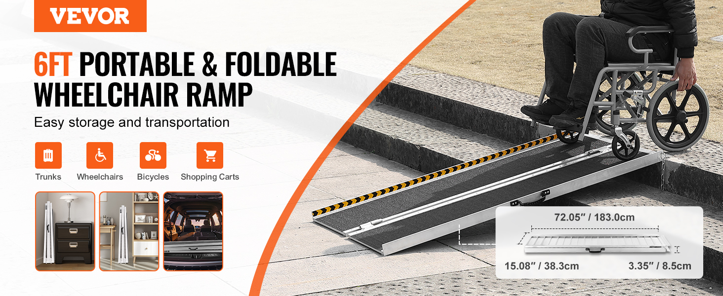 VEVOR portable wheelchair ramp folded for easy storage and setup, supporting various transport tools.