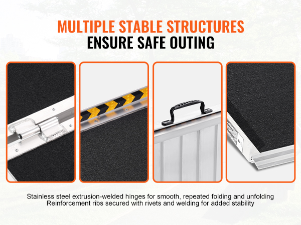 stainless steel hinges, reinforcement ribs, handle, and slip-resistant surface. VEVOR portable wheelchair ramp.