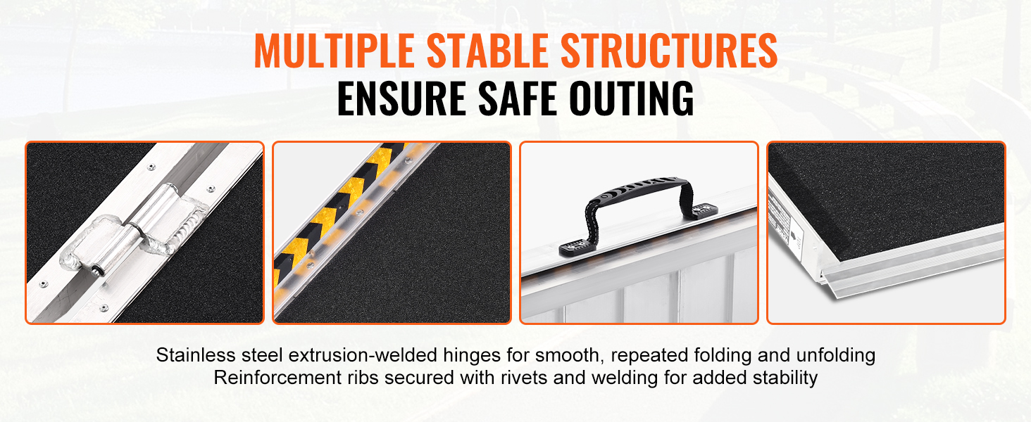 stainless steel hinges, reinforcement ribs, handle, and slip-resistant surface. VEVOR portable wheelchair ramp.