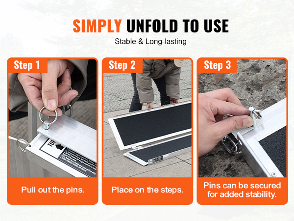 steps to use the VEVOR portable wheelchair ramp: pull out pins, place on steps, secure for stability.