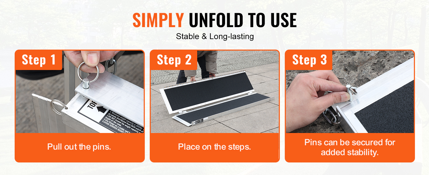 steps to use the VEVOR portable wheelchair ramp: pull out pins, place on steps, secure for stability.