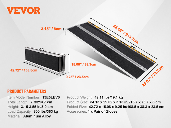 VEVOR ratiņkrēslu rampa ar izmēriem: ar izmēriem: 84,13" x 29,02" x 3,15", salokāms līdz 42,72" x 15,08" x 9,25".