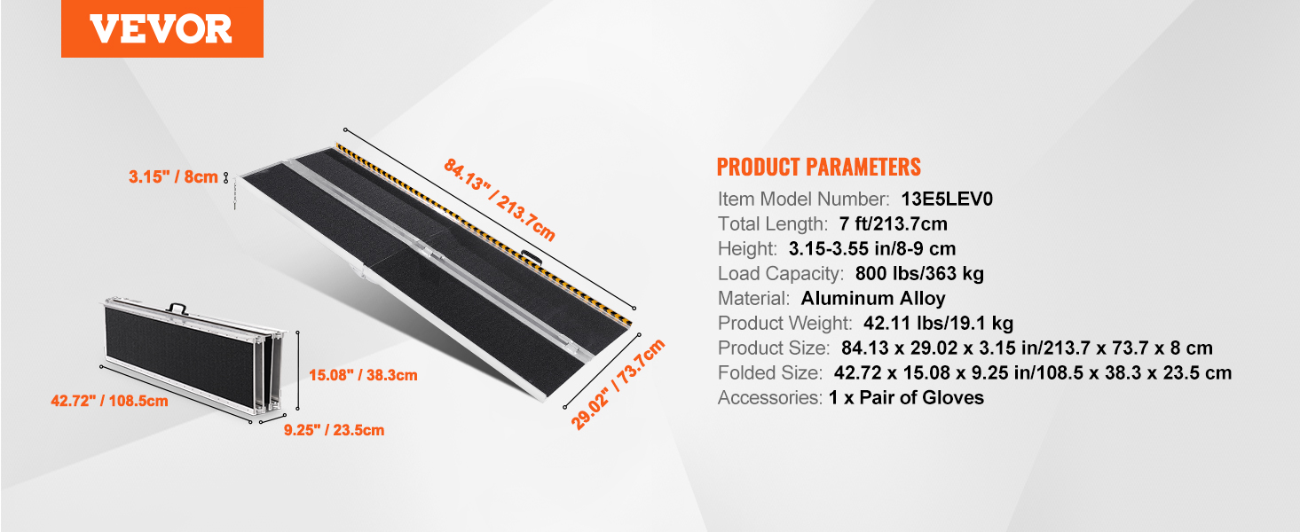 VEVOR ratiņkrēslu rampa ar izmēriem: ar izmēriem: 84,13" x 29,02" x 3,15", salokāms līdz 42,72" x 15,08" x 9,25".