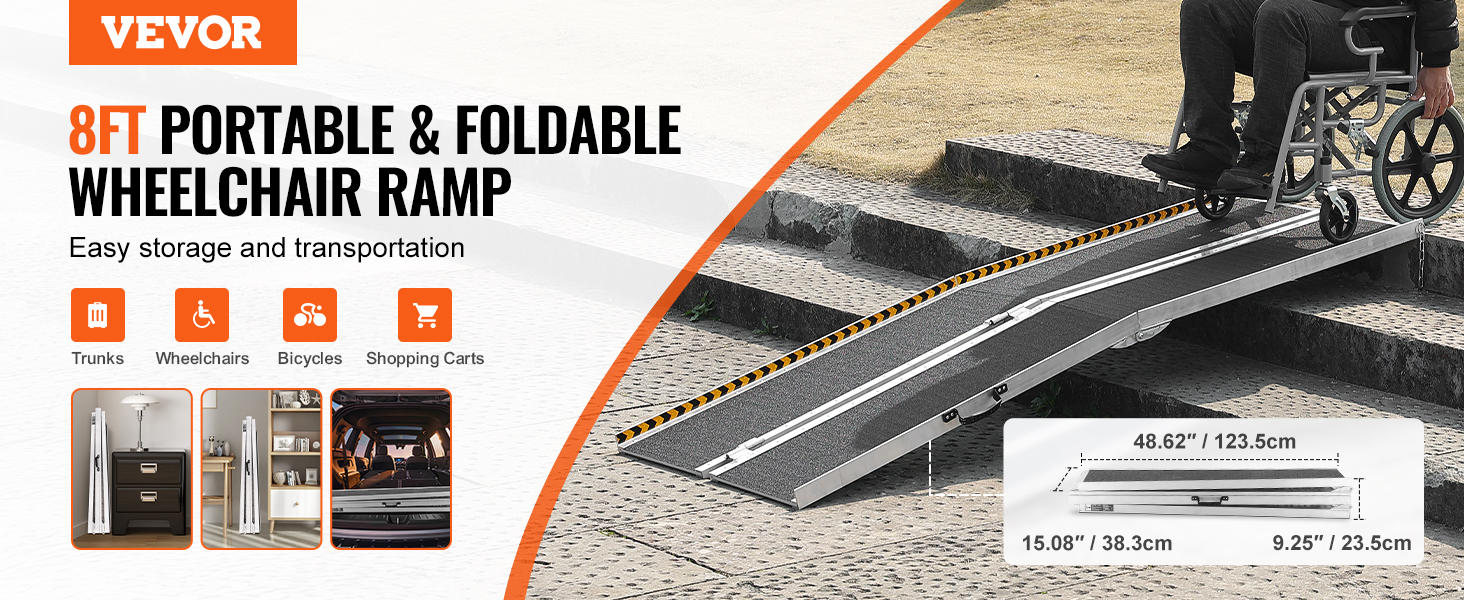 VEVOR portable wheelchair ramp, 8ft foldable ramp for easy storage and transportation over steps.