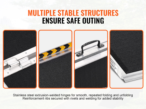 multiple stable structures of the VEVOR portable wheelchair ramp ensuring safe outings, with close-up details.