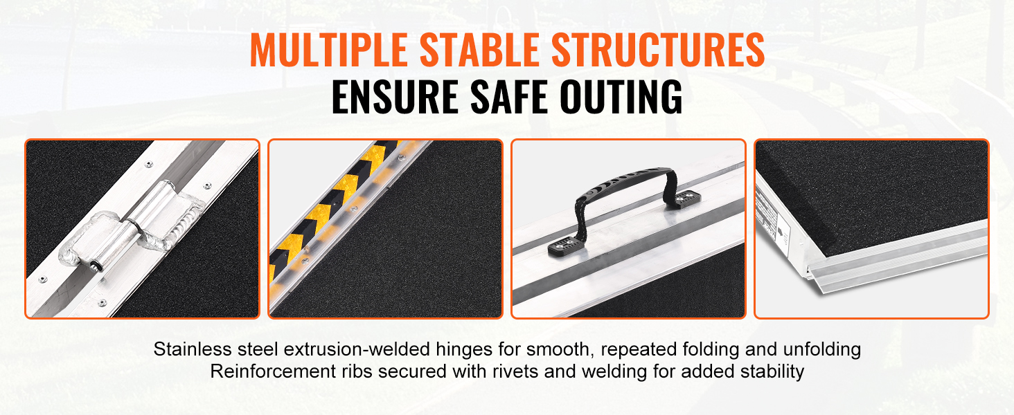 multiple stable structures of the VEVOR portable wheelchair ramp ensuring safe outings, with close-up details.