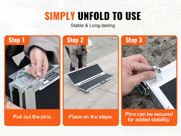 steps to use the VEVOR portable wheelchair ramp: pull out pins, place on steps, secure for stability.
