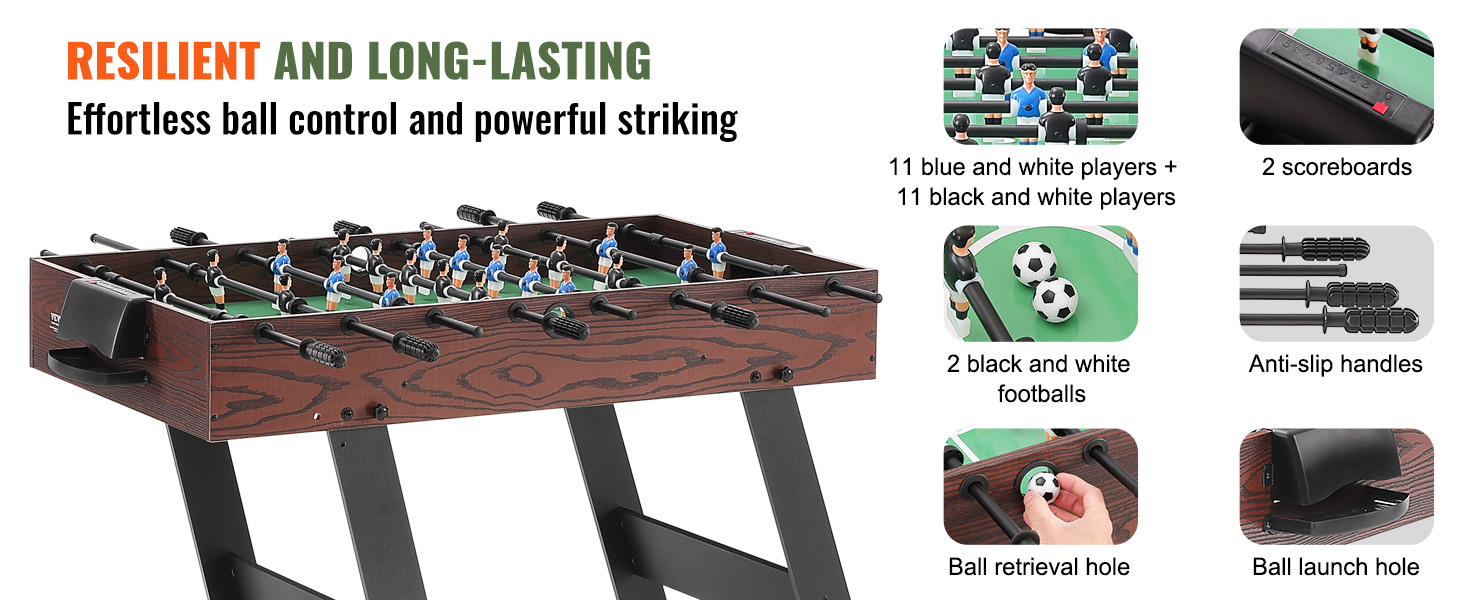 VEVOR foosball table with durable wood frame, anti-slip handles, scoreboards, and dual color players.